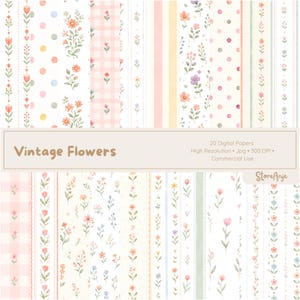 Pode incluir: Uma coleção de 20 papéis digitais com padrões florais em aquarela, listras, bolinhas e xadrez vichy em tons pastéis suaves. O texto diz Vintage Flowers, 20 Digital Papers, High Resolution, Jpg, 300 DPI, Commercial Use, StoreAnje.
