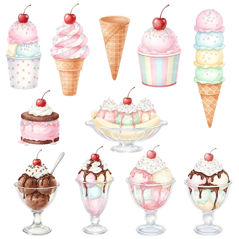 May include: Watercolor illustration of various ice cream treats, including cones, sundaes, and a banana split, all topped with cherries. The ice cream flavors are pastel colors, and some are served in decorative cups and glasses.