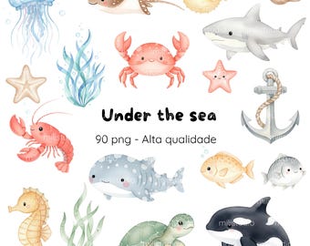 Digital Kit Under the Sea in Watercolor, Cute Sea Animals Clipart, Ocean Animals Watercolor PNG, Under the Sea Watercolor Clipart