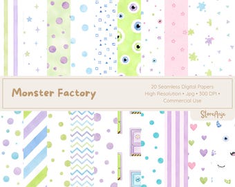 Papeles digitales de Monster Friends • Fondos de acuarela adorables • Papel para fiestas infantiles • 20 papeles PNG, papeles de Monster Adventure