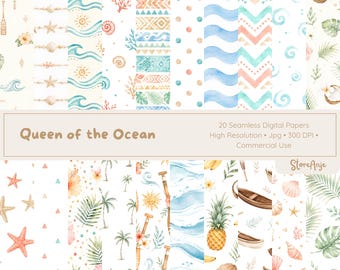 Papeles digitales Princesa del Océano • Fondos florales tropicales • Papeles imprimibles Fiesta Isleña, Papeles Océano Tropical