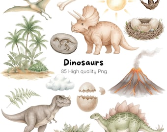 Cute Watercolor Dinosaurs Digital Kit • 80+ Elements • PNG 300 DPI, Watercolor Dinosaurs Cute • Delicate Watercolor