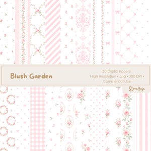 Op de afbeelding: Een collectie van 20 digitale papieren genaamd Blush Garden, met diverse patronen in roze en witte tinten. De ontwerpen bevatten bloemmotieven, rozen, strepen, gingham, stippen, strikjes en damastprints op een witte achtergrond.