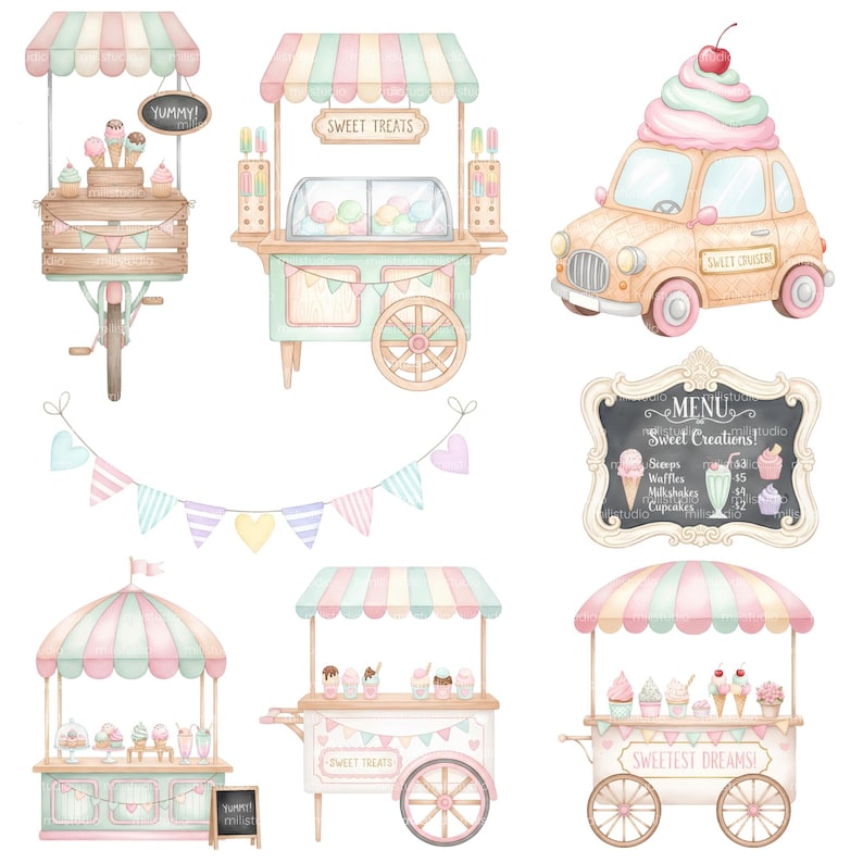May include: Watercolor illustration of various sweet treat carts, a car, and a menu board. The carts are decorated with pastel colors and feature ice cream, cupcakes, and other desserts. The car is topped with a large ice cream cone. The menu board lists prices.