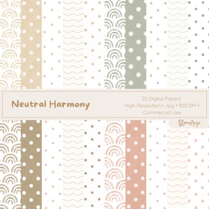 Könnte beinhalten: Eine Sammlung von 20 digitalen Papieren mit dem Titel Neutral Harmony, die wiederkehrende Muster aus Regenbögen, Punkten, Sternen und Wellenlinien in gedeckten Tönen von Beige, Salbeigrün, Braun und zartem Rosa auf weißem Grund zeigt.
