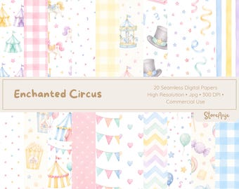 Pastel Circus Digital Papers • Candy Color Watercolor Backgrounds • 20 PNG Papers