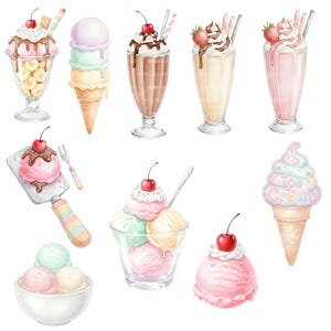 May include: Watercolor illustration of various ice cream treats. Includes sundaes, milkshakes, and ice cream cones, all topped with whipped cream, cherries, and chocolate sauce. The image has a soft, pastel color palette.