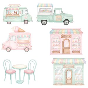 May include: Watercolor illustration of ice cream trucks, shops, and a table set. The trucks are mint green and pink, with text that reads "Sweetest Scoops" and "Sweet Treats." The shops are pink and mint green with the text "Sweet Creations."