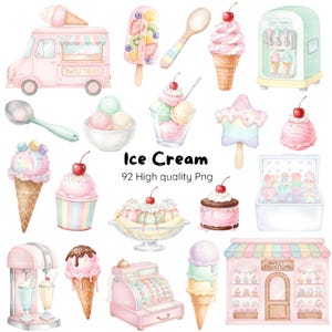 Op de afbeelding: Waterverfillustraties van verschillende ijslekkernijen, waaronder ijshoorntjes, ijscoupes en ijslolly's. Een roze ijskar en een winkel zijn ook te zien. De tekst "Ice Cream" en "92 High quality Png" zijn opgenomen.