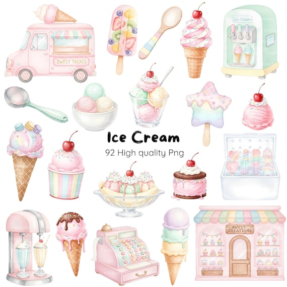 Ice Cream Shop Watercolor Clipart • Cute Digital Kit • 300 DPI PNG, Sweet Ice Cream Clipart • Instant Download