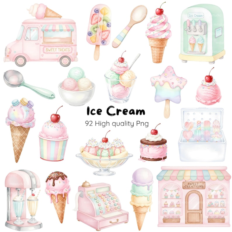 May include: Watercolor illustrations of various ice cream treats, including cones, sundaes, and popsicles. A pink ice cream truck and a shop are also featured. The text "Ice Cream" and "92 High quality Png" are included.