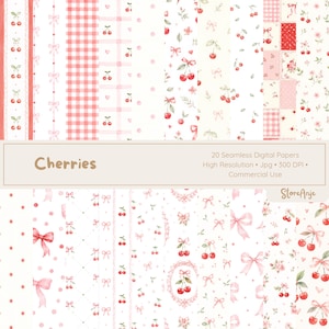 Può includere: Una collezione di 20 carte digitali senza cuciture a tema ciliegia. Le carte presentano motivi di ciliegie, fiocchi e quadretti vichy nei toni del rosa e del bianco. Il testo "Cherries" è visualizzato su uno striscione, insieme ad altri dettagli.