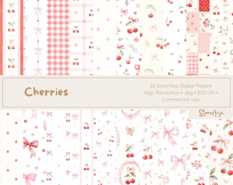 Papeles digitales de cerezas • Fondos con lazos rojos • Papel de frutas en acuarela • 20 papeles PNG, papeles de acuarela de cerezas • Fondos rojos coquetos
