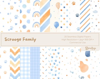 Papeles digitales de cachorros de dibujos animados • Fondos de perros rescatados • Papel de fiesta de acuarela • Papeles, papeles de patrulla de cachorros • Fondos de perros familiares adorables