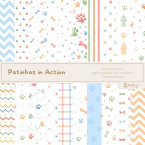 Op de afbeelding: Een collectie van 20 digitale papieren met aquarelpatronen van pootafdrukken, botten, sterren, brandkranen, chevron- en ruitpatronen in pastelkleuren. De tekst luidt Patinhas in Action, 20 Digital Papers, High Resolution, Jpg, 300 DPI, Commercial Use en StoreAnje.