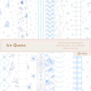 Peut inclure: Une collection de 20 papiers numériques sans couture dans des tons de bleu et de blanc. Les motifs comprennent des flocons de neige, des châteaux, des motifs floraux et des rayures. Le texte "Ice Queen" est affiché.
