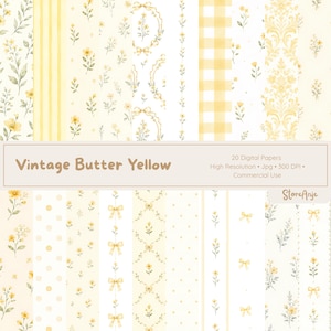 May include: A collection of 20 digital papers featuring butter yellow patterns including floral motifs, stripes, gingham checks, polka dots, bows, and damask designs. The text reads Vintage Butter Yellow, 20 Digital Papers, High Resolution, Jpg, 300 DPI, Commercial Use, and StoreAnje.