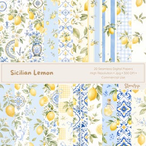 May include: A collection of 20 seamless digital papers with a Sicilian lemon theme. The designs feature watercolor illustrations of lemons, flowers, and blue and white patterns. The text "Sicilian Lemon" is displayed at the bottom.