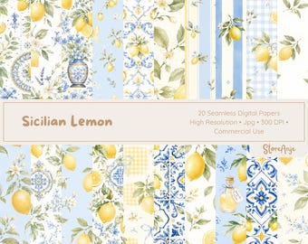 Papeles digitales de limón siciliano • Fondos botánicos de frutas • 20 archivos PNG, papeles de flores de cítricos • Fondos de verano mediterráneo