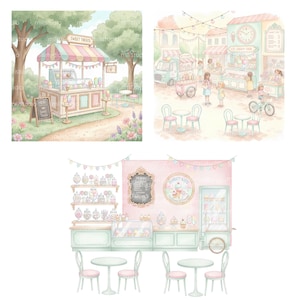 May include: Watercolor illustrations of sweet shops and ice cream stands. One scene shows a pastel-colored sweet shop with a striped awning and the text "Sweet Treats". Another depicts an ice cream fair with people and a bicycle.