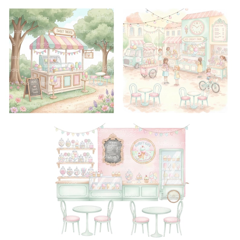 May include: Watercolor illustrations of sweet shops and ice cream stands. One scene shows a pastel-colored sweet shop with a striped awning and the text "Sweet Treats". Another depicts an ice cream fair with people and a bicycle.