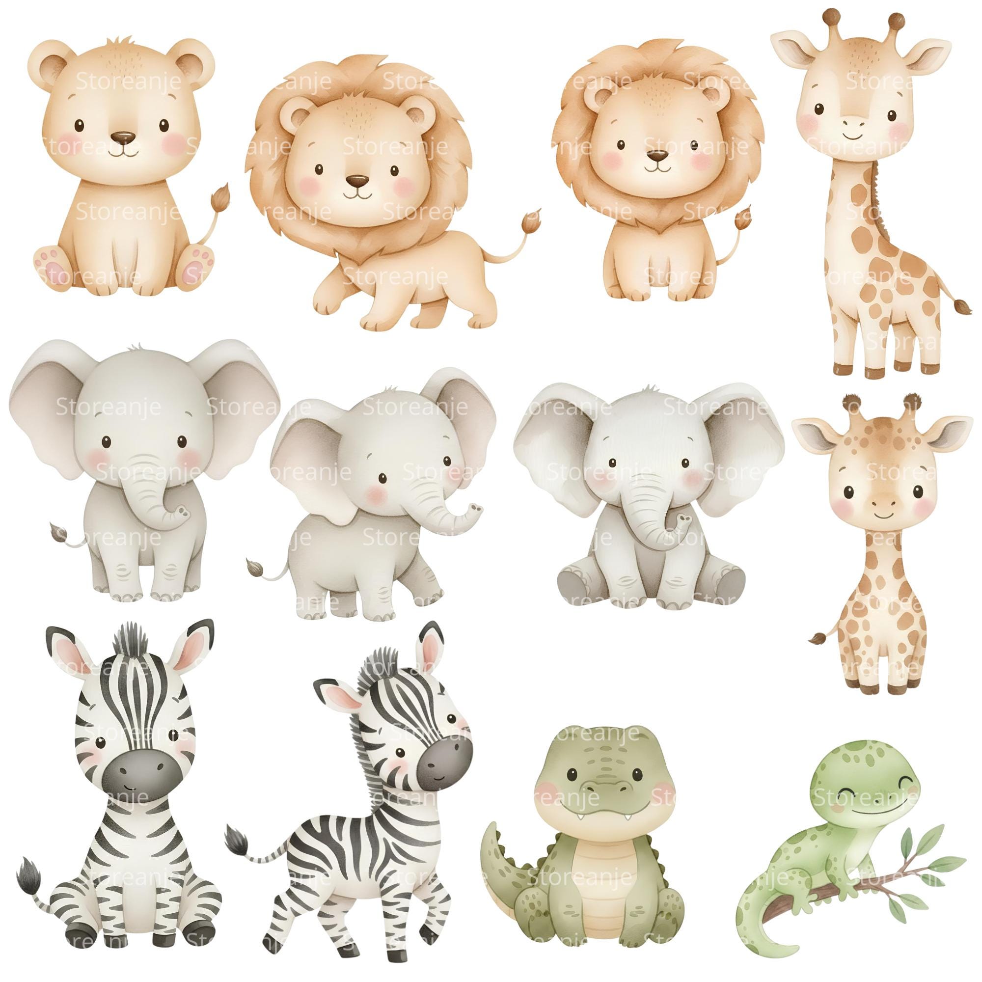 Safari Baby Watercolor Clipart • Jungle Animals Digital Kit • 300 DPI ...