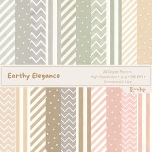 Könnte beinhalten: Eine Sammlung von 20 digitalen Papieren mit Streifen-, Zickzack- und kleinen weißen Blumenmustern in gedeckten Erdtönen wie Salbeigrün, Beige, Hellbraun und zartem Rosa. Der Text lautet Earthy Elegance, 20 Digital Papers, High Resolution, Jpg, 300 DPI, Commercial Use und StoreAnje.