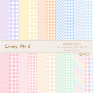 May include: A collection of twenty digital papers featuring various pastel gingham plaid patterns in shades of lavender, yellow, peach, blue, pink, and mint green. The text Candy Plaid, 20 Digital Papers, High Resolution, Jpg, 300 DPI, Commercial Use, and StoreAnje is visible.