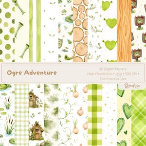 Peut inclure: Une collection de 20 papiers numériques intitulée Ogre Adventure, présentant des motifs de pois verts, rayures, grain de bois, oignons, cœurs, rondins, cabanes de marais et panneaux avec le texte Beware Ogre, en haute résolution 300 DPI.
