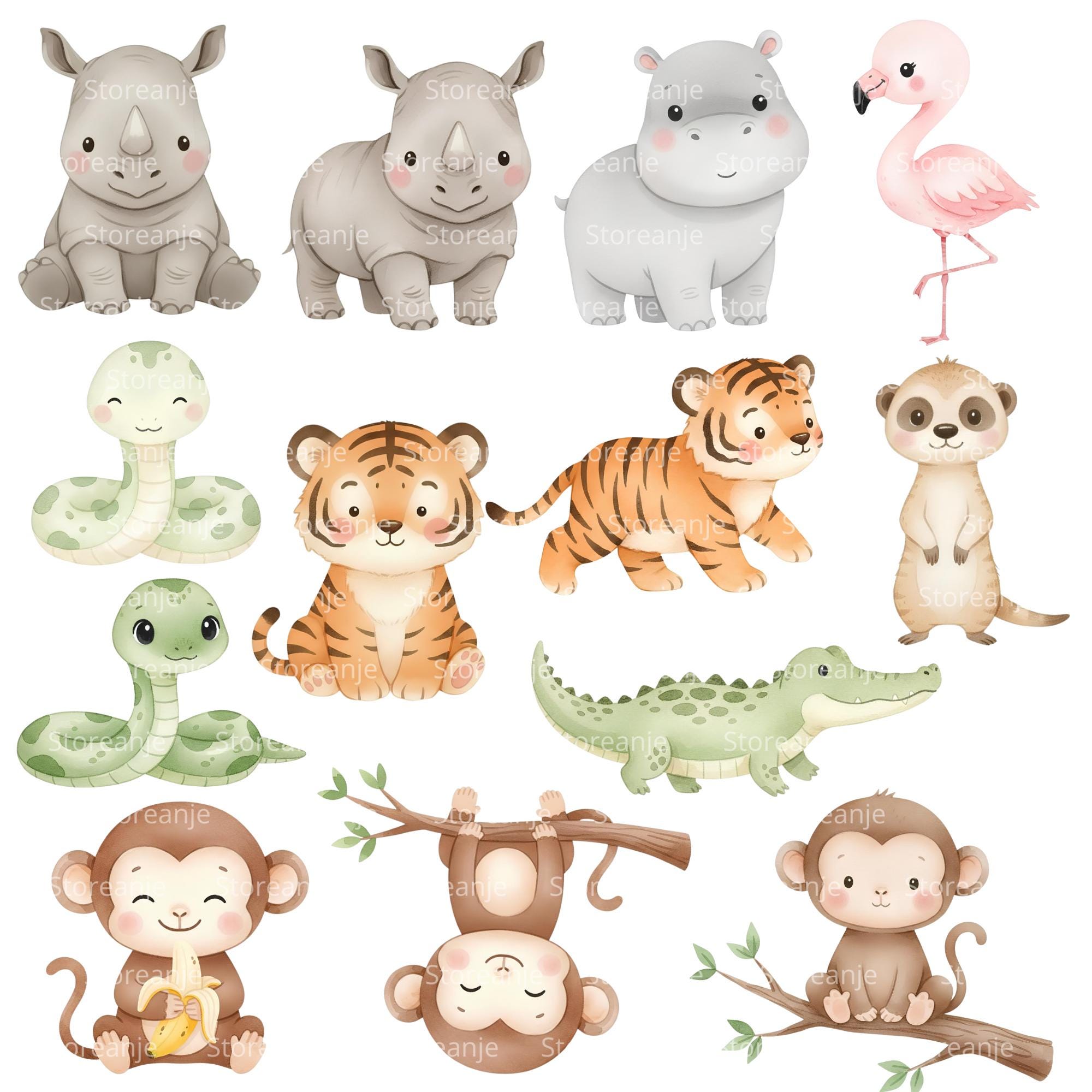 Safari Baby Watercolor Clipart • Jungle Animals Digital Kit • 300 DPI ...
