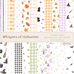 Puede incluir: Una colección de 20 papeles digitales titulada Whispers of Halloween, con patrones de calabazas, hojas de otoño, gatos negros, sombreros de bruja, escobas, fantasmas, murciélagos, estrellas y lunas, junto a diseños de cuadros naranjas, verdes y negros.