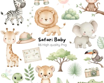 Safari Baby Watercolor Clipart • Jungle Animals Digital Kit • 300 DPI PNG, Safari Baby Clipart • Cute Jungle Animals Instant Download
