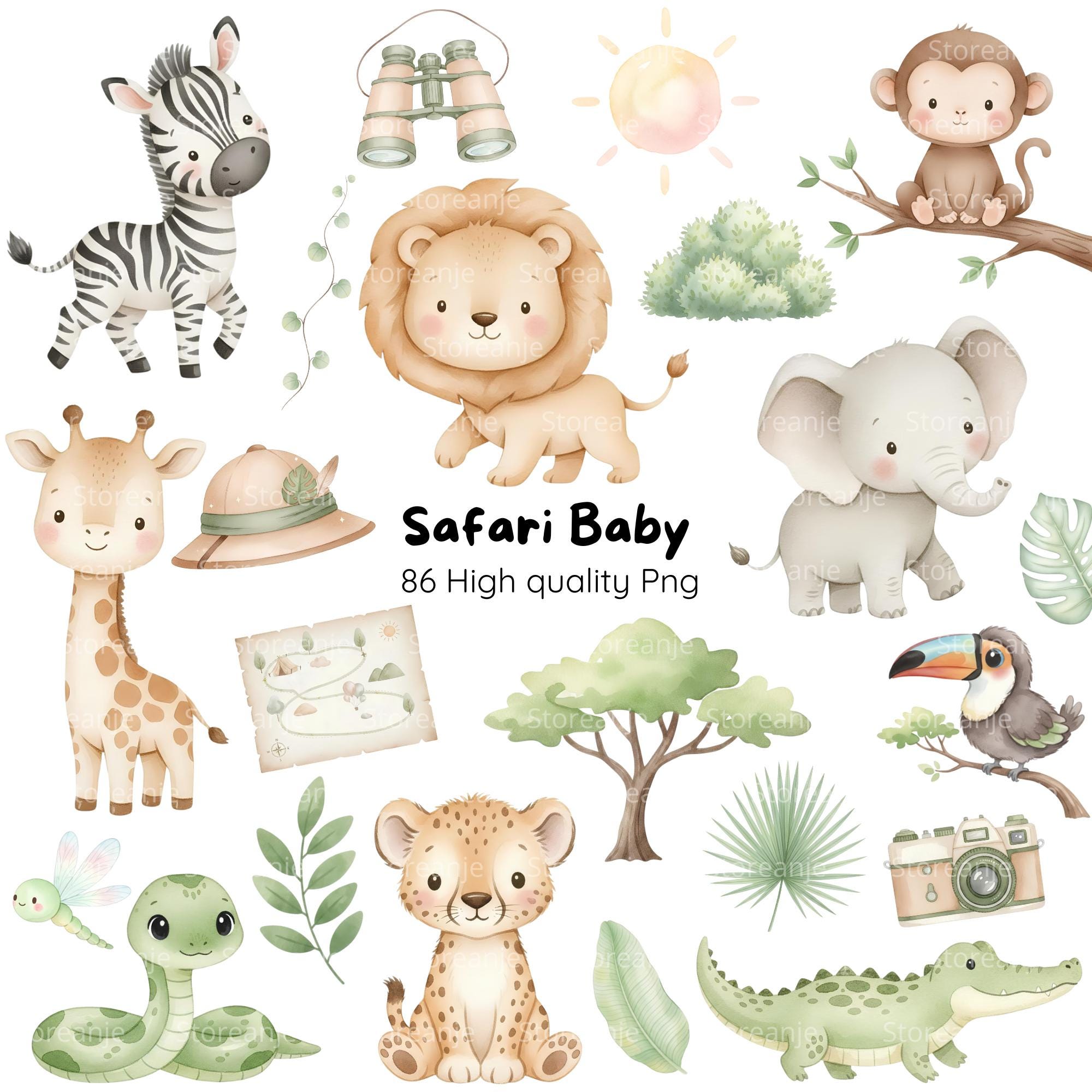 Safari Baby Watercolor Clipart • Jungle Animals Digital Kit • 300 DPI ...