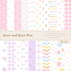 Pode incluir: Uma coleção de 20 papéis digitais sem costura em cores pastel. Os padrões incluem pegadas, ossos, listras, bolinhas e xadrez vichy. O texto "Duck and Duck Pair" é exibido em uma faixa marrom claro.