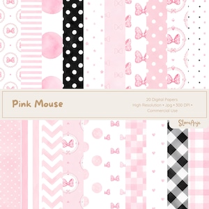 Pode incluir: Uma coleção de 20 papéis digitais rotulados como Pink Mouse, apresentando vários padrões, incluindo listras rosas e brancas, bolinhas pretas e brancas, laços rosas, corações e designs xadrez em alta resolução para uso comercial.