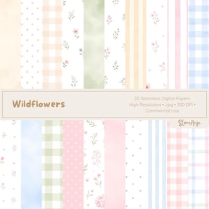 Pode incluir: Um conjunto de 20 papéis digitais sem costura com vários padrões, incluindo bolinhas, xadrez, listras e desenhos florais. A paleta de cores inclui pastéis suaves como rosa, azul e verde. O texto "Wildflowers" é exibido.