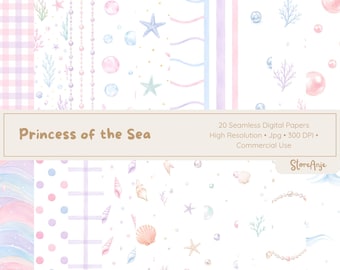 Papeles digitales Bajo el mar • Fondos de acuarela de arrecifes de coral • 20 archivos PNG, Papeles digitales Princesa del océano • Fondos de conchas marinas