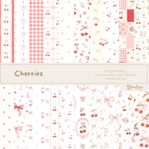 Pode incluir: Uma coleção de 20 papéis digitais com motivos de cerejas, laços cor-de-rosa, padrões xadrez e elementos florais numa paleta de cores suaves. O texto diz Cherries, 20 Digital Papers, High Resolution, Jpg, 300 DPI, Commercial Use, StoreAnje.