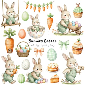Pode incluir: Ilustrações em aquarela de coelhinhos da Páscoa, ovos, cenouras, cupcakes e laços. Os coelhinhos usam macacões e são retratados com ovos de Páscoa, cenouras e um carrinho de mão. O texto "Bunnies Easter" e "42 High quality Png" também está incluído.