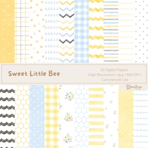 Può includere: Una collezione di 20 carte digitali con motivi in giallo, blu, grigio e bianco. I design includono pois, quadri, strisce, chevron, nidi d'ape, onde e motivi floreali. Testo: Sweet Little Bee, 20 Digital Papers, High Resolution, Jpg, 300 DPI, Commercial Use, StoreAnje.