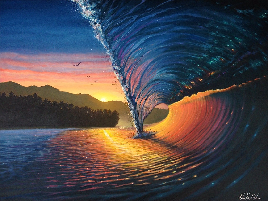 Original Hawaii Ocean Beach Wave Sunset Painting Etsy