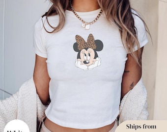 Leopard Bow Minnie Mouse Baby Tee, Y2K Retro Style