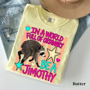 May include: A pale yellow t-shirt featuring a graphic of a raccoon and the text "IN A WORLD FULL OF ORDINARY BE A JIMOTHY" in bright pink and teal. The design includes a large yellow star, a small teal star, and two small hearts.