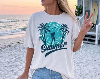 Comfort Colors Vintage Summer Beach Shirt, Retro Palm Tree Graphic Tee, Coastal Vacation Shirt, Ocean Sunset Summer Tee, Trendy Beach Outfit