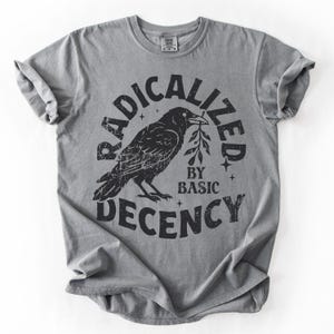 May include: Gray t-shirt with the words "RADICALIZED BY BASIC DECENCY" in a circular design around a black raven holding a sprig. The shirt is made of a soft material and has rolled-up sleeves.