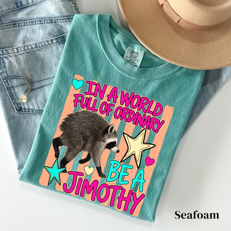 May include: A seafoam green t-shirt featuring a graphic of a raccoon and the text "IN A WORLD FULL OF ORDINARY BE A JIMOTHY". The design includes peach-colored vertical stripes, a yellow star, a turquoise star, and small pink and blue hearts.