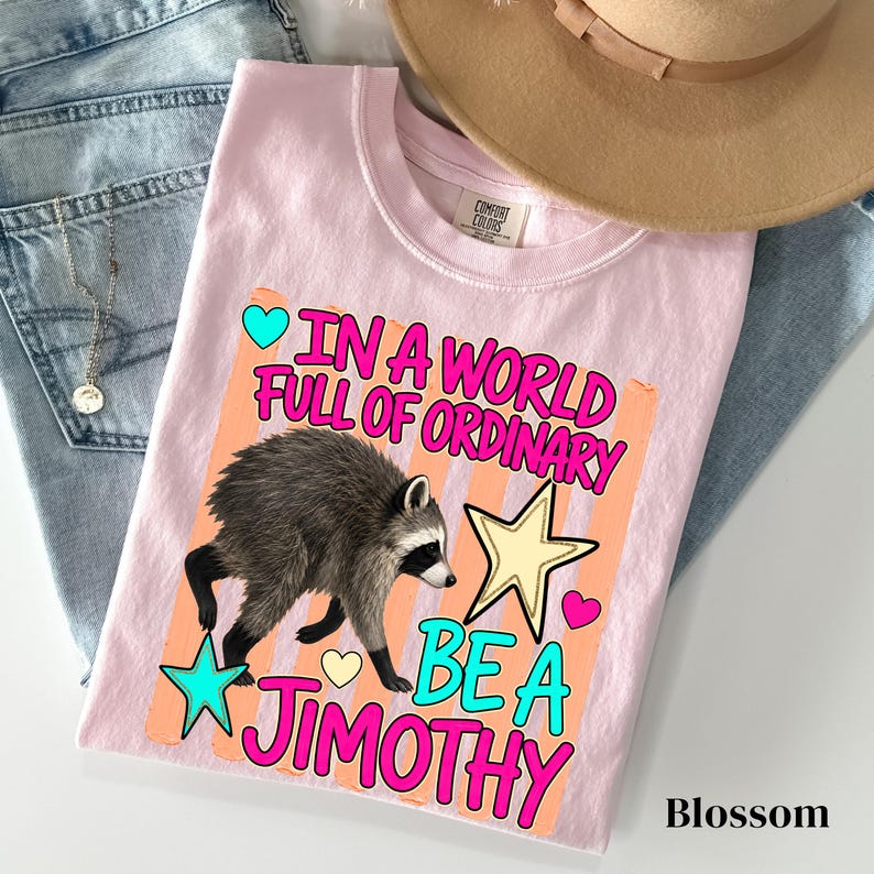 May include: A light pink t-shirt featuring a graphic of a raccoon, a yellow star, a teal star, and hearts. The text reads: IN A WORLD FULL OF ORDINARY BE A JIMOTHY. The design includes vertical peach-colored stripes behind the raccoon and stars.