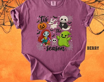 Comfort Colors Tis The Season Spooky Shirt, Faux Embroidery Halloween Characters Shirt, Spooky Season Tee, Retro Fall Halloween