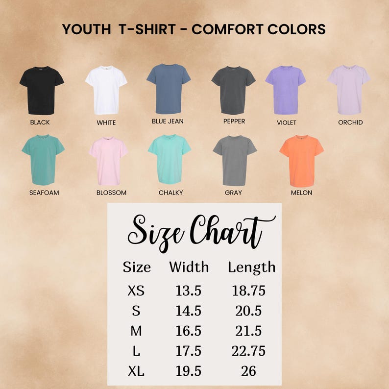 May include: A color chart for youth Comfort Colors t-shirts featuring eleven solid colors: black, white, blue jean, pepper, violet, orchid, seafoam, blossom, chalky, gray, and melon. A size chart displays width and length in inches for sizes XS to XL.