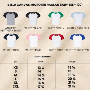 May include: A selection of Bella Canvas Micro Rib Raglan Baby Tees in various color combinations, including white with black, navy, pink, red, and blue sleeves. Measurements are provided for sizes XS to 2XL, with widths ranging from 13 1/4 to 17 3/4 inches.